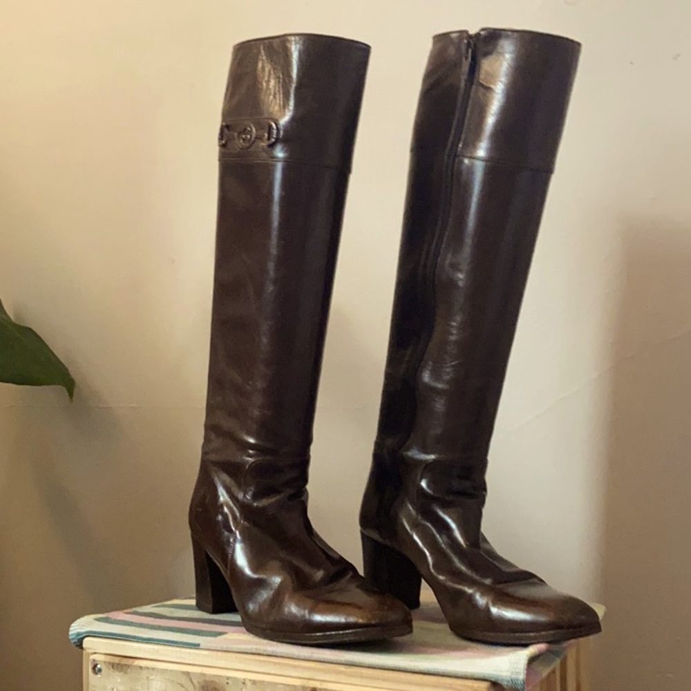 Gucci Vintage Tall Brown Leather Logo Boots